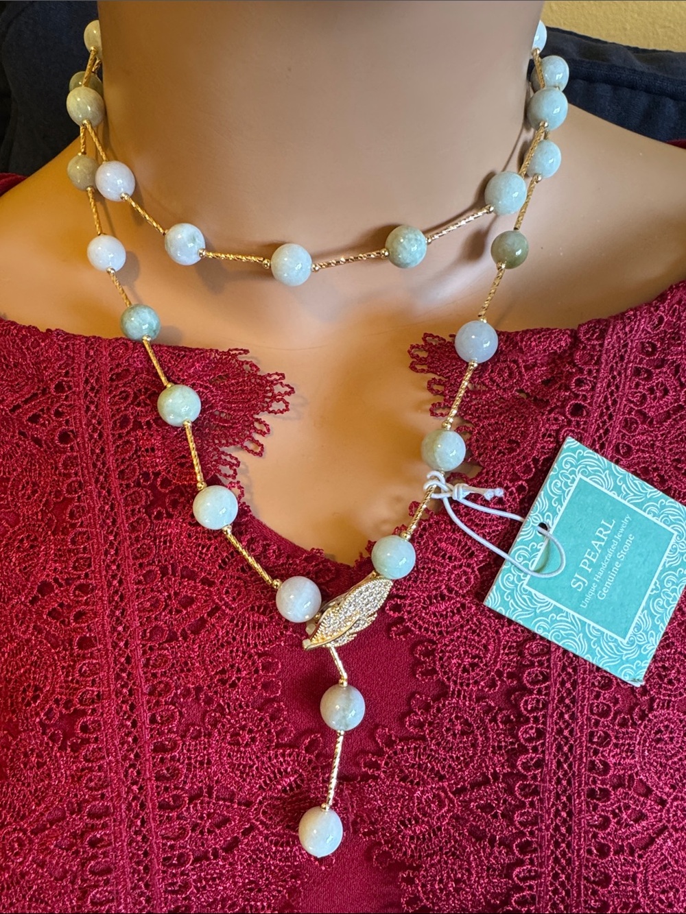 NWT versatile jade beaded stone station necklace w/crystal studded leaf clasp